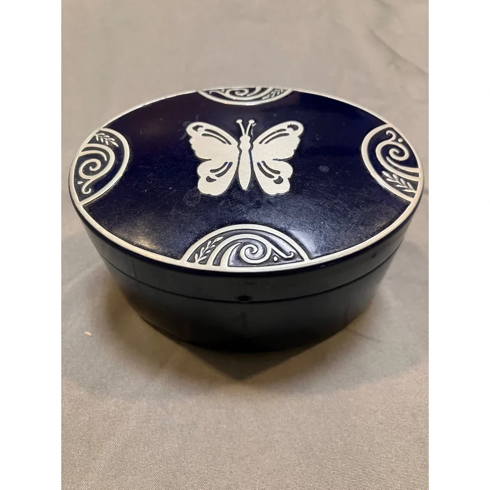 Vintage 20s Art Deco Vanity Face Powder Tin Butterfly Blue Silver Tone Inlay